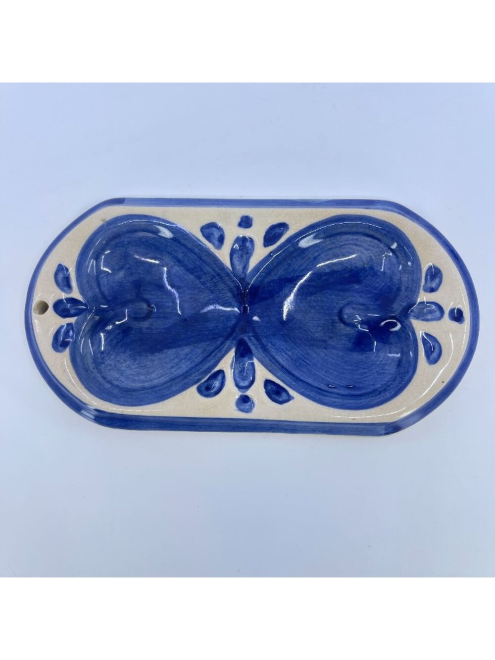 vintage tender heart treasures blue & white ceramic double heart spoon rest